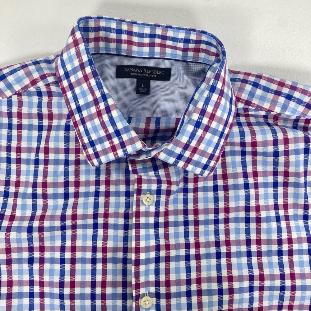 Banana Republic No Iron Slim Fit Men’s Dress Shirt Size Large Blue & Red Plaid - Picture 4 of 15